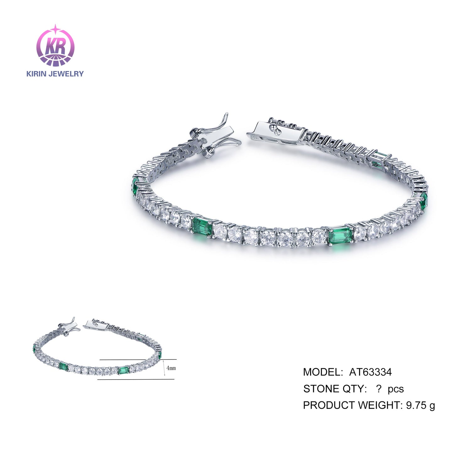 925 silver bracelet with rhodium plating emerald CZ AT63334 Kirin Jewelry