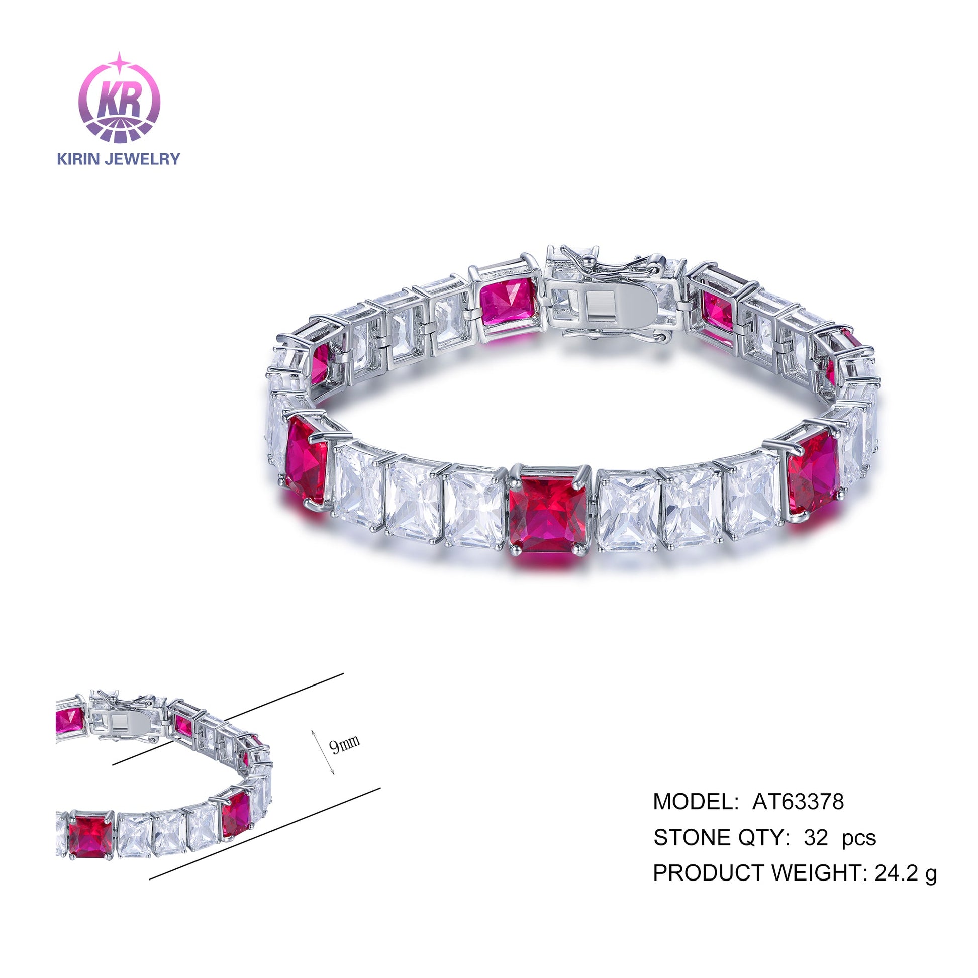 925 silver bracelet with rhodium plating ruby CZ AT63378 Kirin Jewelry