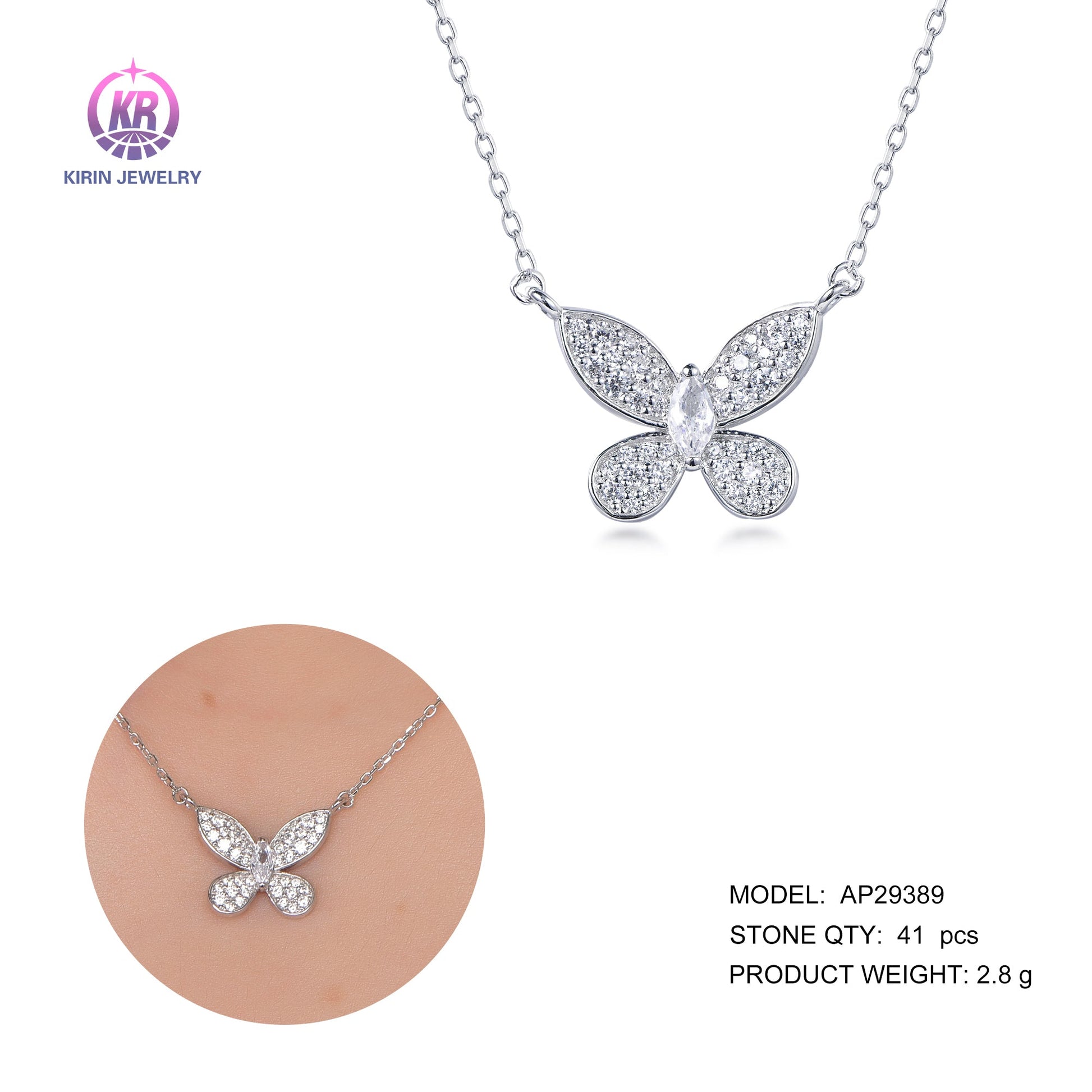 925 silver butterfly necklace with rhodium plating CZ 29389 Kirin Jewelry