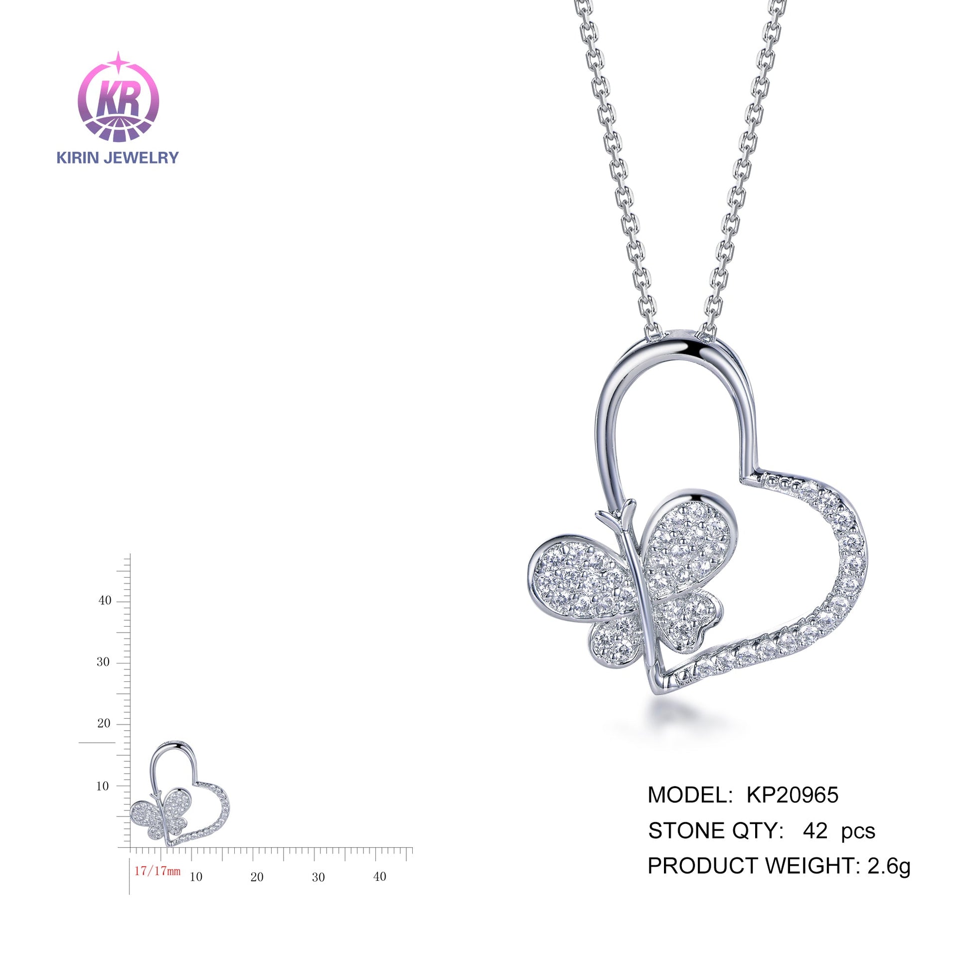 925 silver butterfly pendant with rhodium plating CZ KP20965 Kirin Jewelry