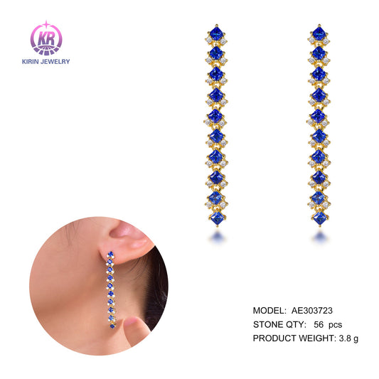 925 silver drop earring with 14K gold plating sapphire CZ 303723 Kirin Jewelry