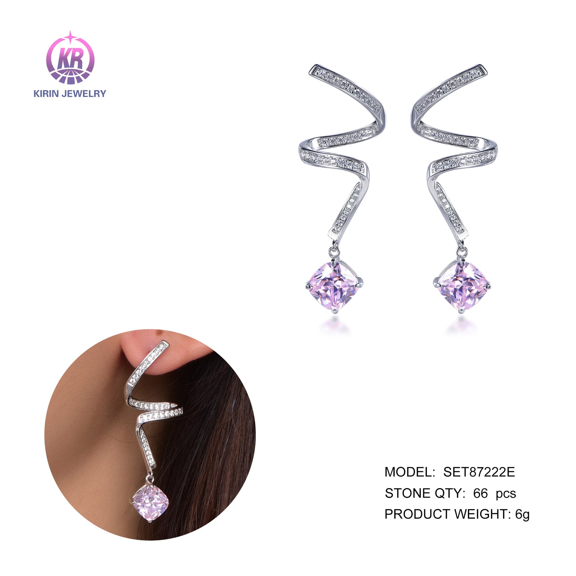 925 silver drop earring with rhodium plating pink CZ 87222 Kirin Jewelry