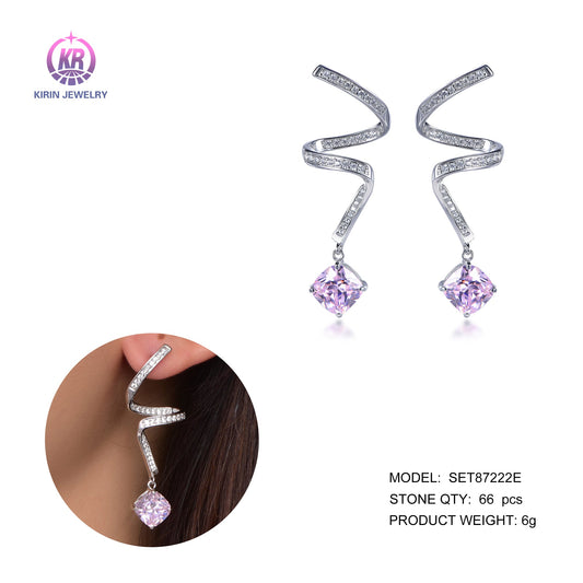 925 silver drop earring with rhodium plating pink CZ 87222 Kirin Jewelry