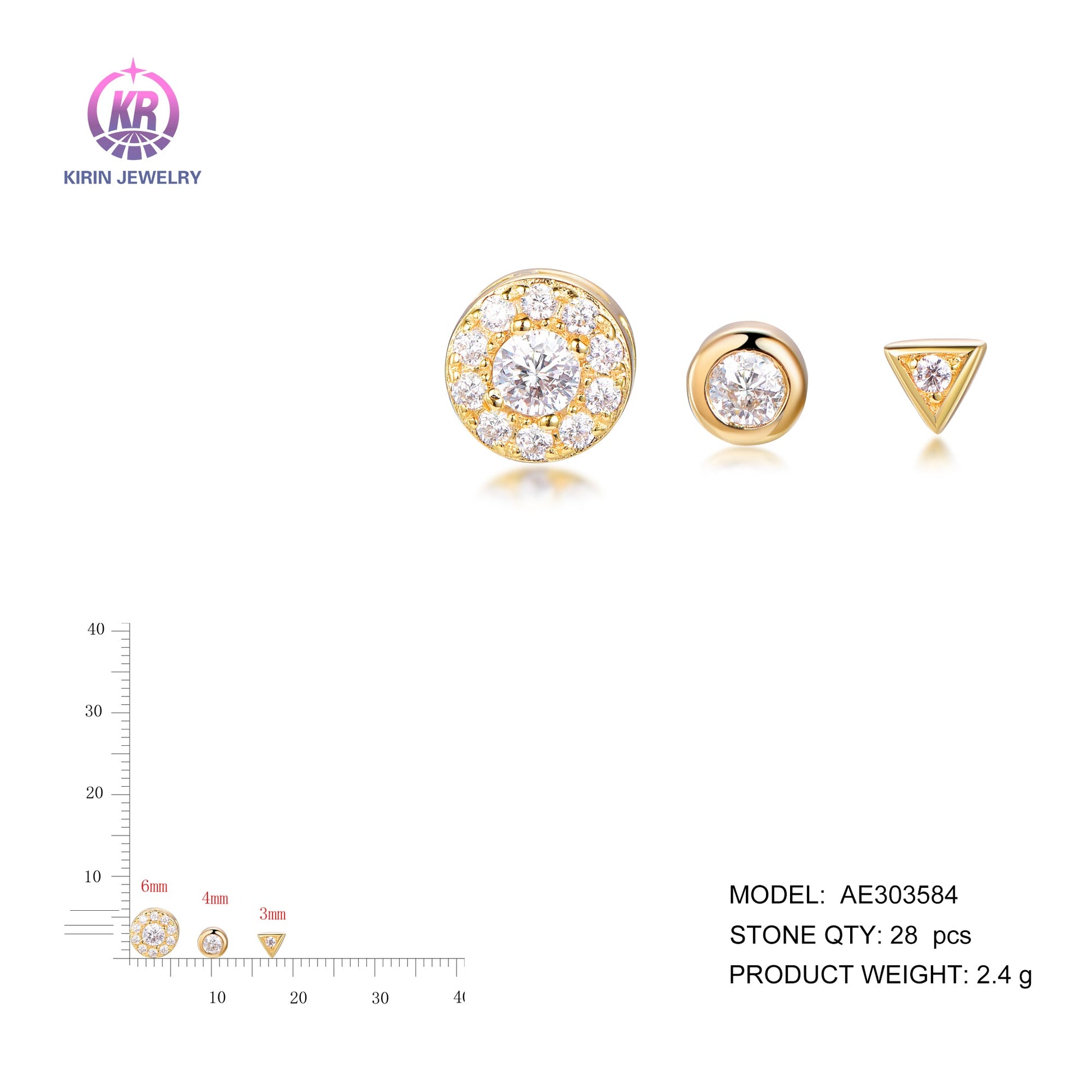 925 silver earring  set with 14K gold plating CZ 303584 Kirin Jewelry