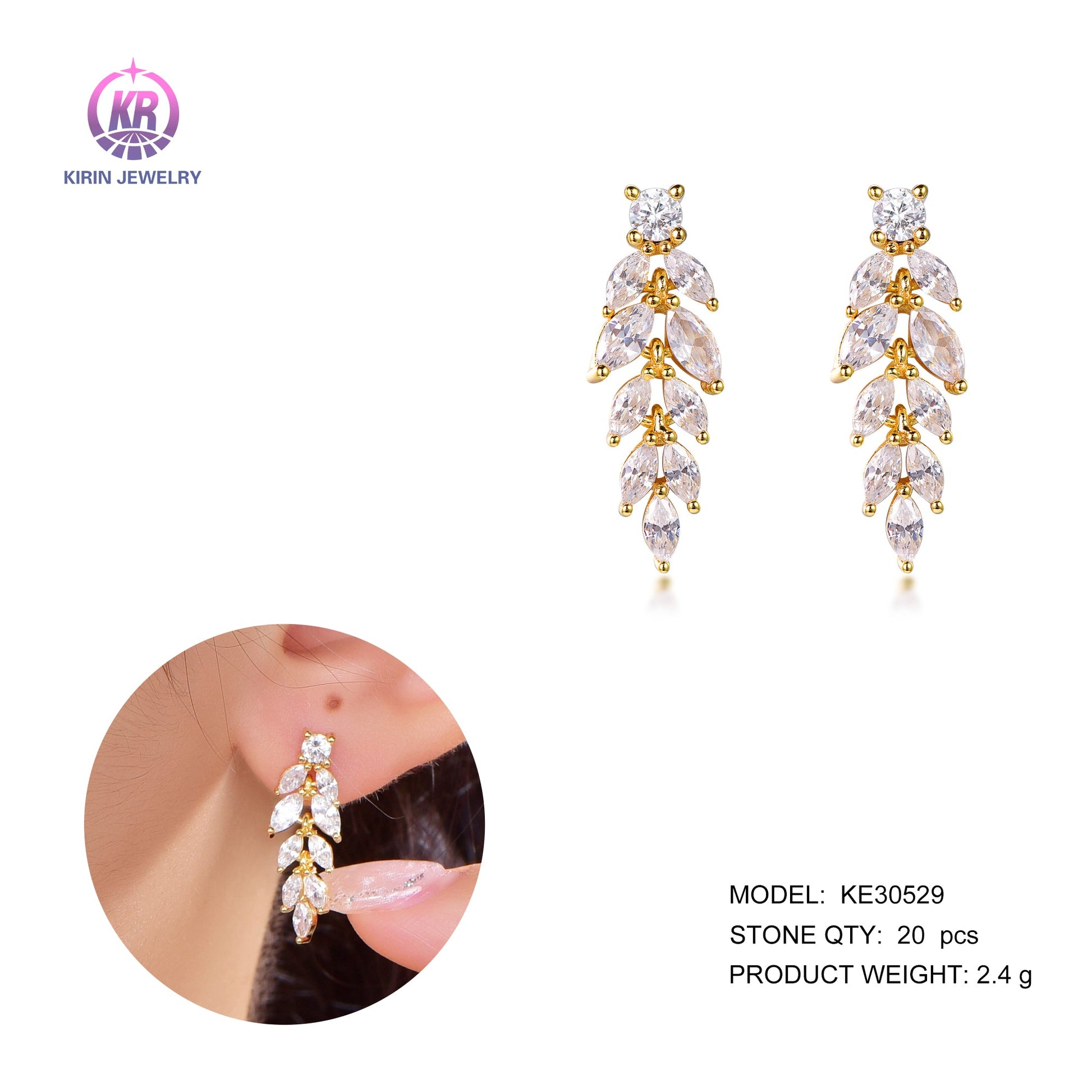 925 silver earring with 14K gold palting CZ 30529 Kirin Jewelry