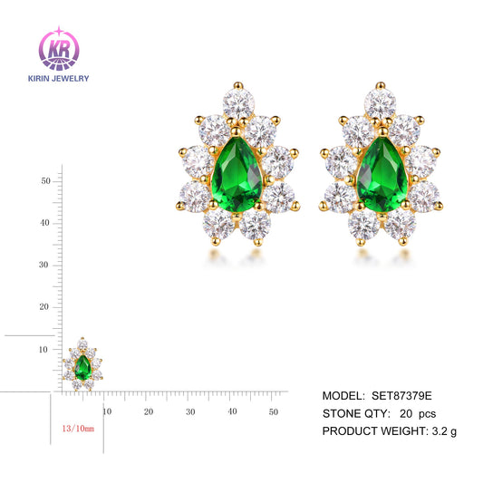 925 silver earring with 14K gold palting emerald CZ 87379 Kirin Jewelry