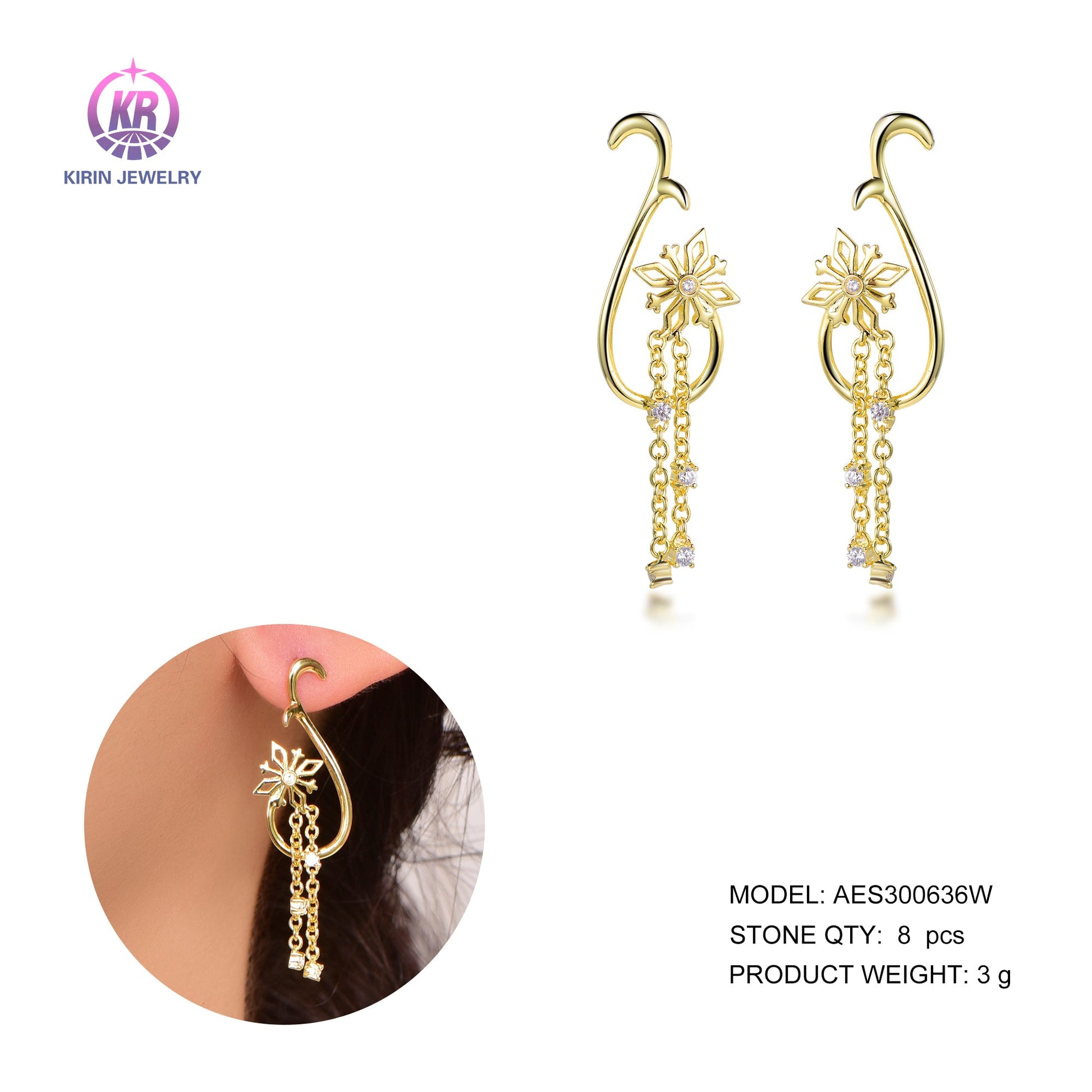 925 silver earring with 14K gold plating CZ 300636 Kirin Jewelry