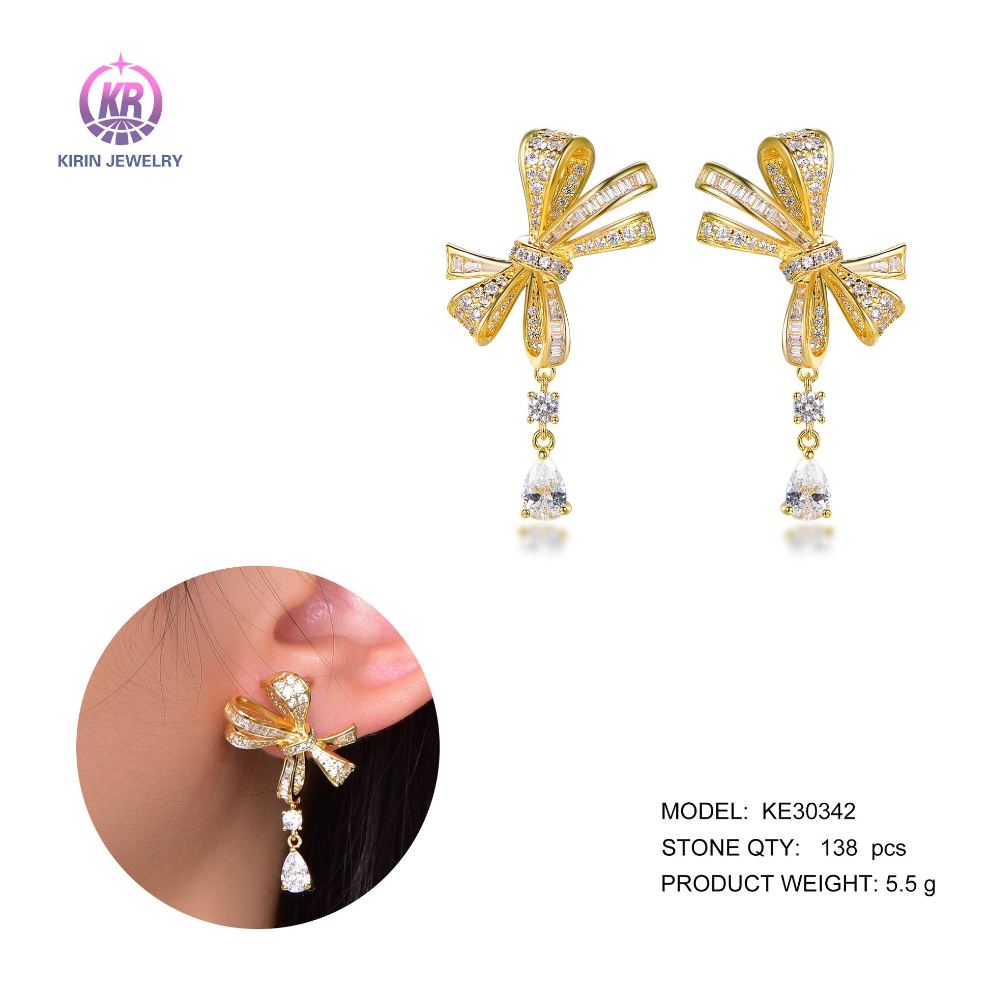 925 silver earring with 14K gold plating CZ 30342 Kirin Jewelry