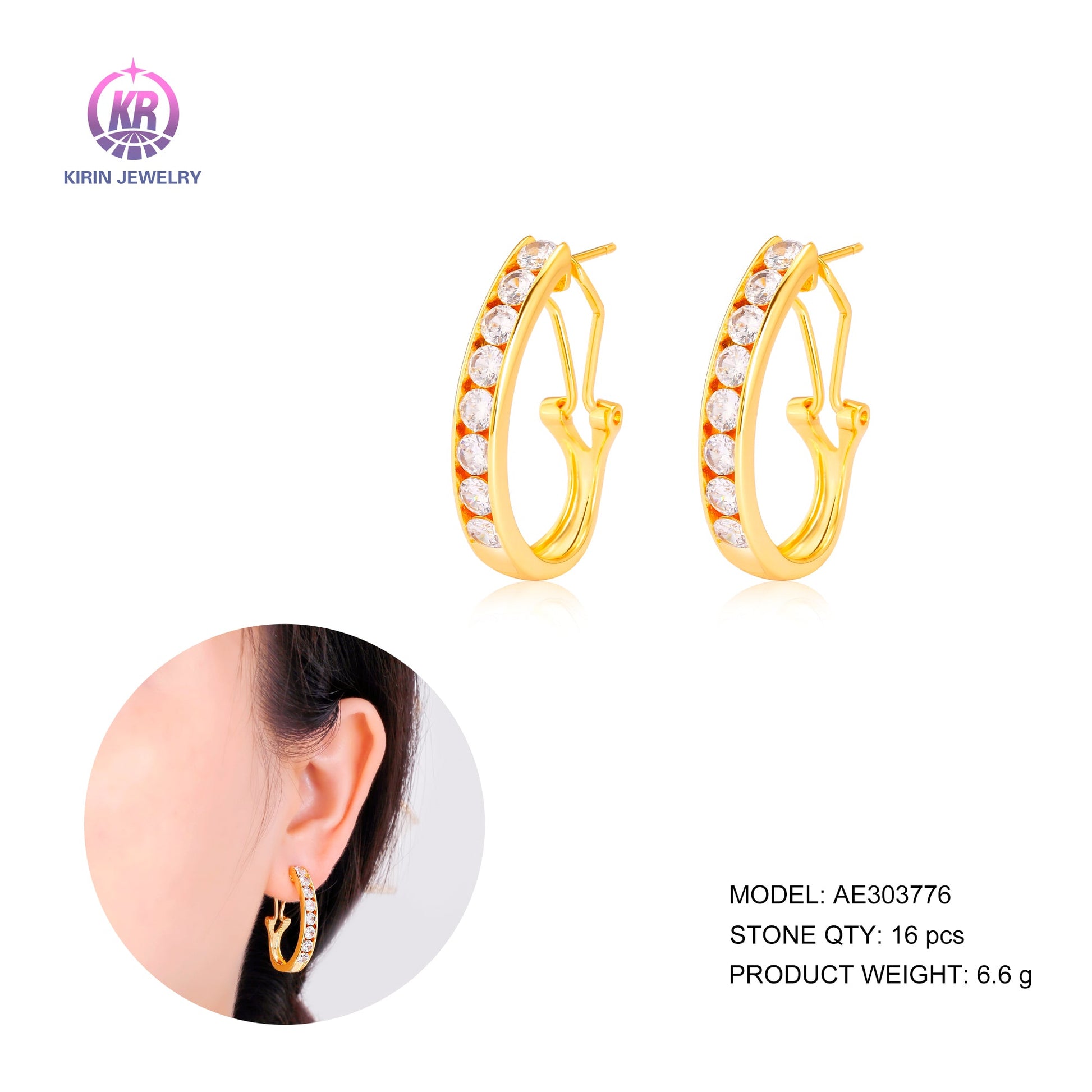 925 silver earring with 14K gold plating CZ 303776 Kirin Jewelry