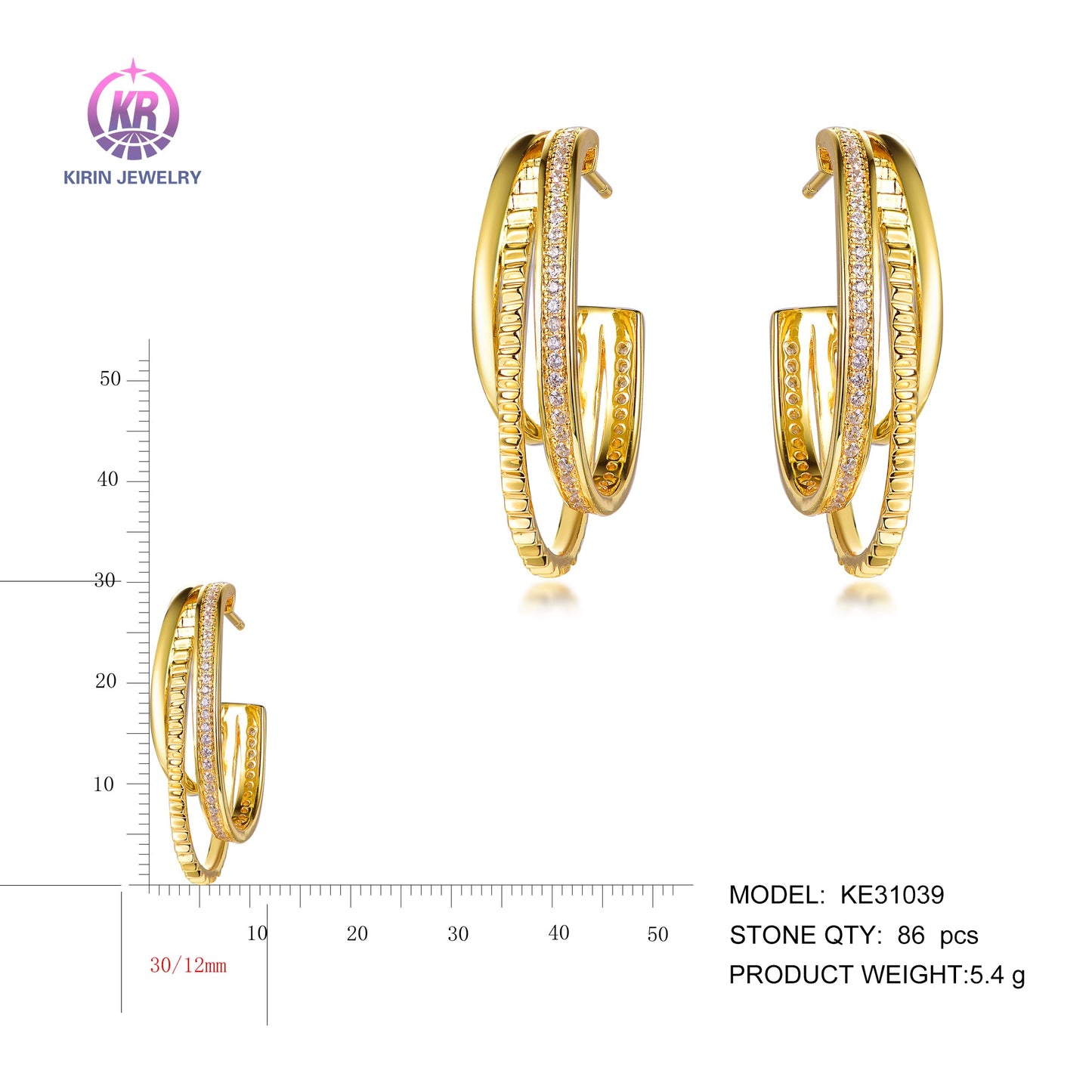 925 silver earring with 14K gold plating CZ 31039 Kirin Jewelry