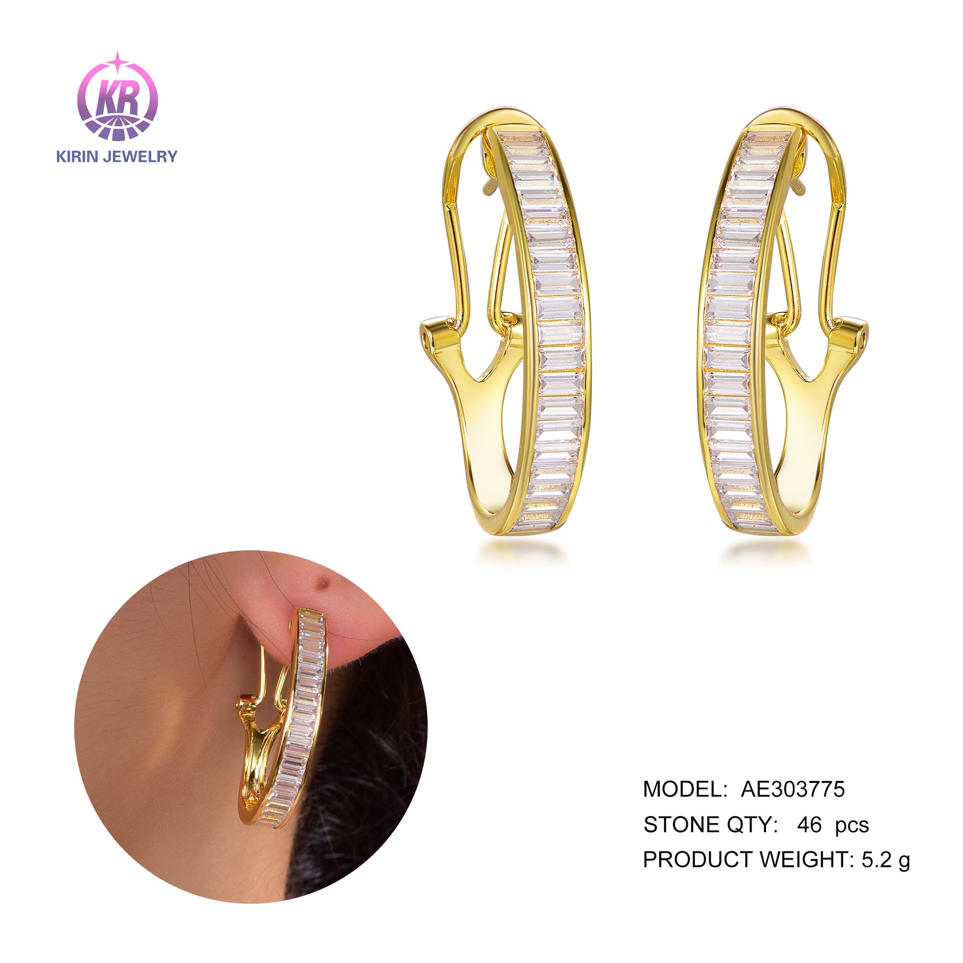 925 silver earring with 14K gold plating baggutte CZ 303775 Kirin Jewelry