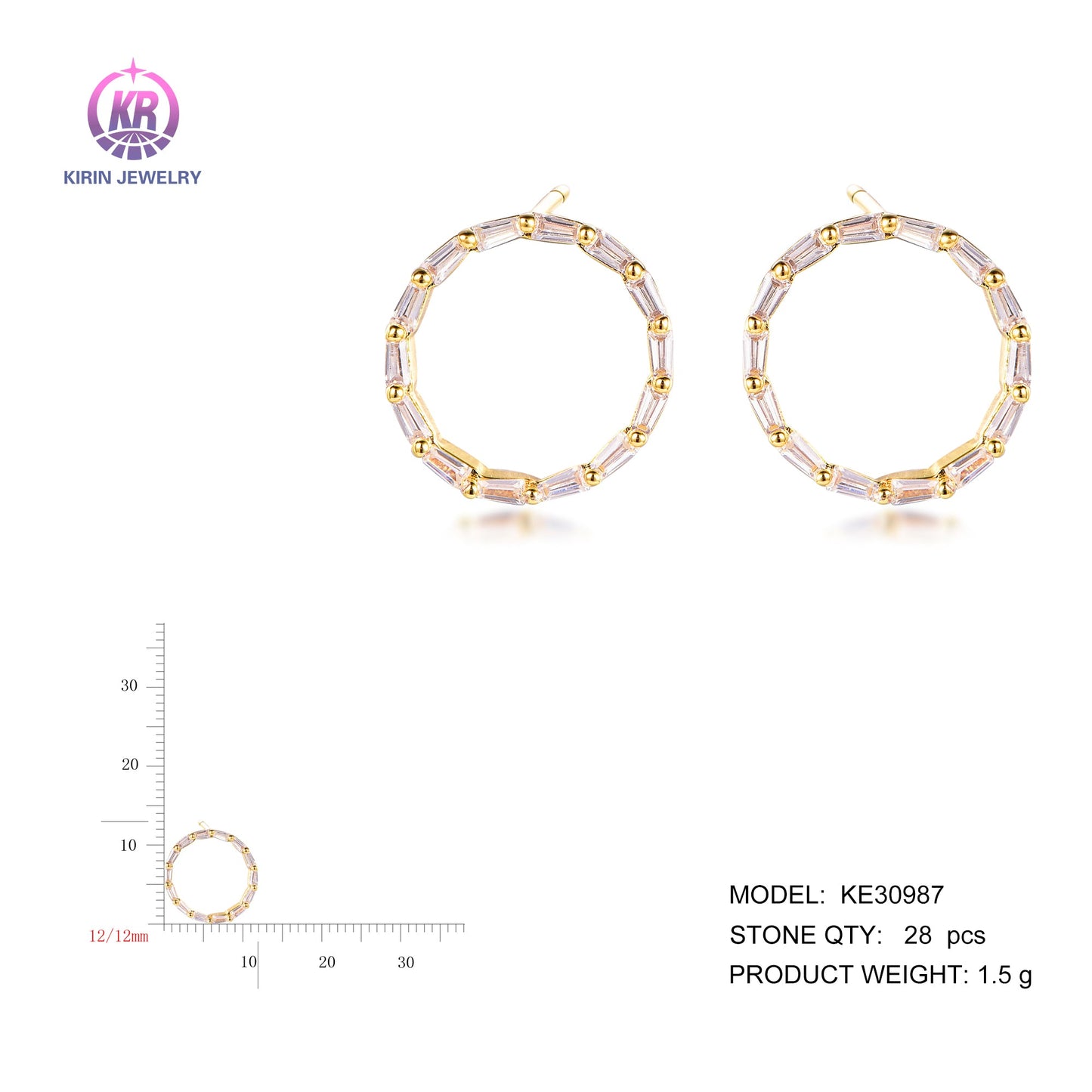 925 silver earring with 14K gold plating baguette CZ 30987 Kirin Jewelry