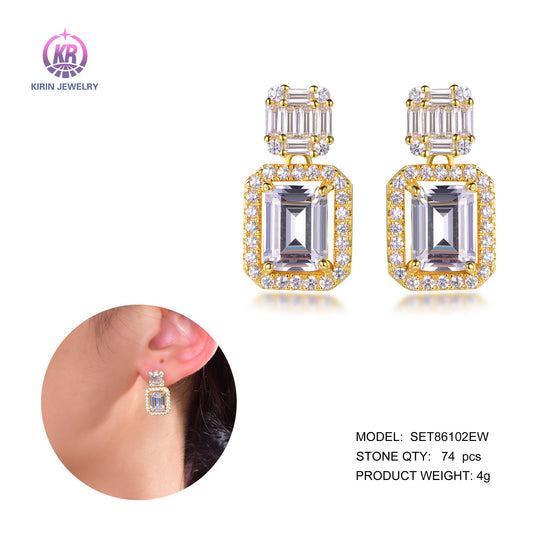 925 silver earring with 14K gold plating baguette CZ 86102 Kirin Jewelry