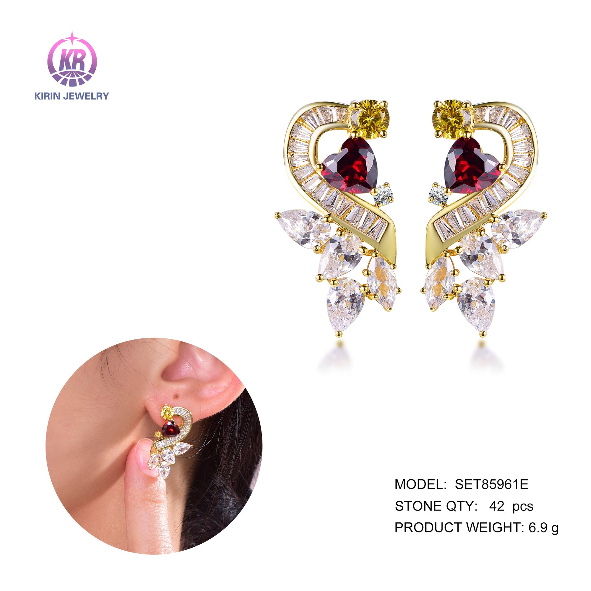 925 silver earring with 14K gold plating baguette ruby CZ 85961 Kirin Jewelry