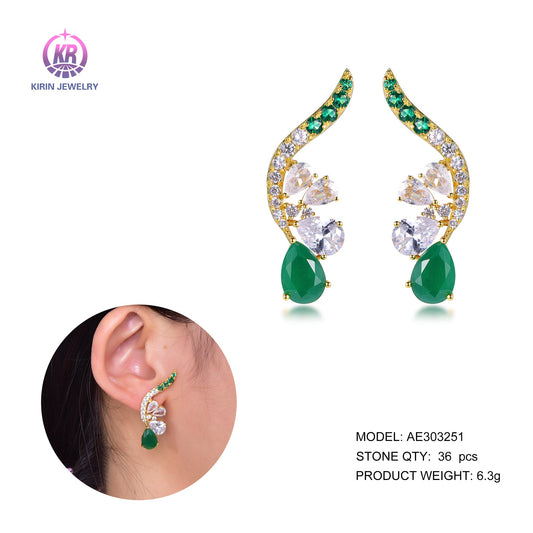 925 silver earring with 14K gold plating emerald CZ 303251 Kirin Jewelry