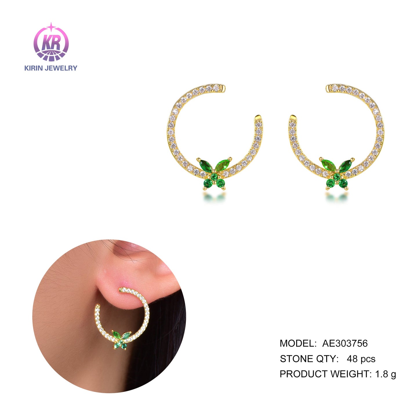 925 silver earring with 14K gold plating emerald CZ 303756 Kirin Jewelry