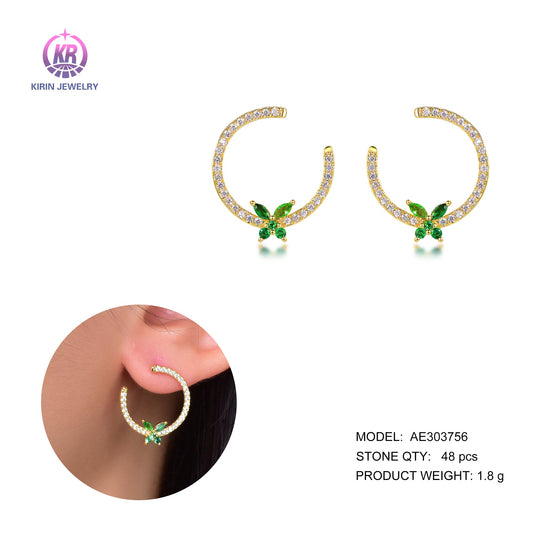 925 silver earring with 14K gold plating emerald CZ 303756 Kirin Jewelry