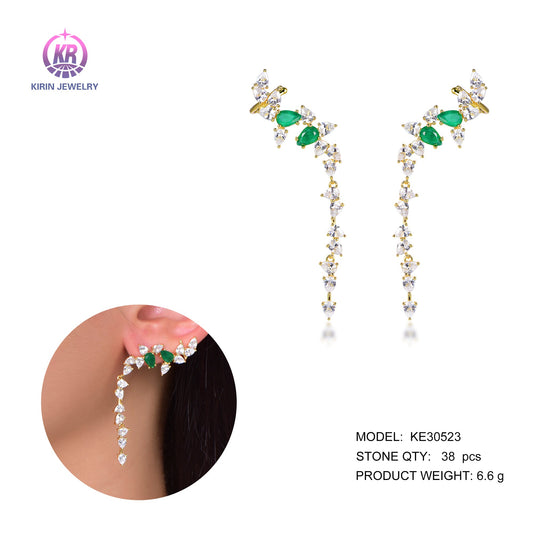 925 silver earring with 14K gold plating emerald CZ 30523 Kirin Jewelry