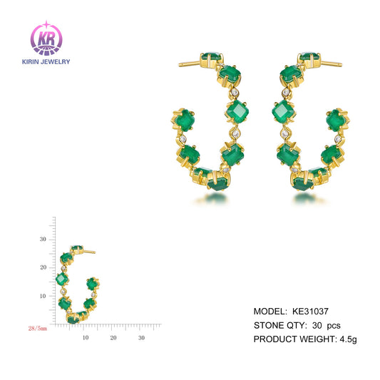 925 silver earring with 14K gold plating emerald CZ 31037 Kirin Jewelry