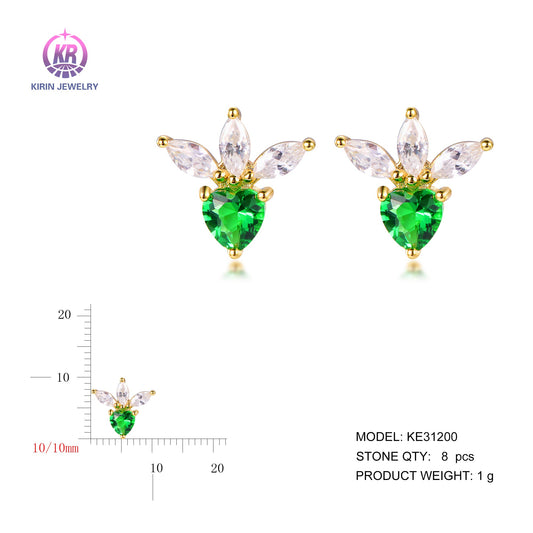 925 silver earring with 14K gold plating emerald CZ 31200 Kirin Jewelry