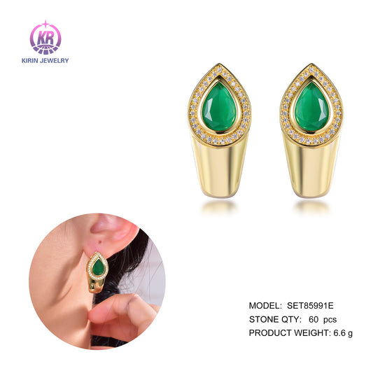 925 silver earring with 14K gold plating emerald CZ 85991 Kirin Jewelry