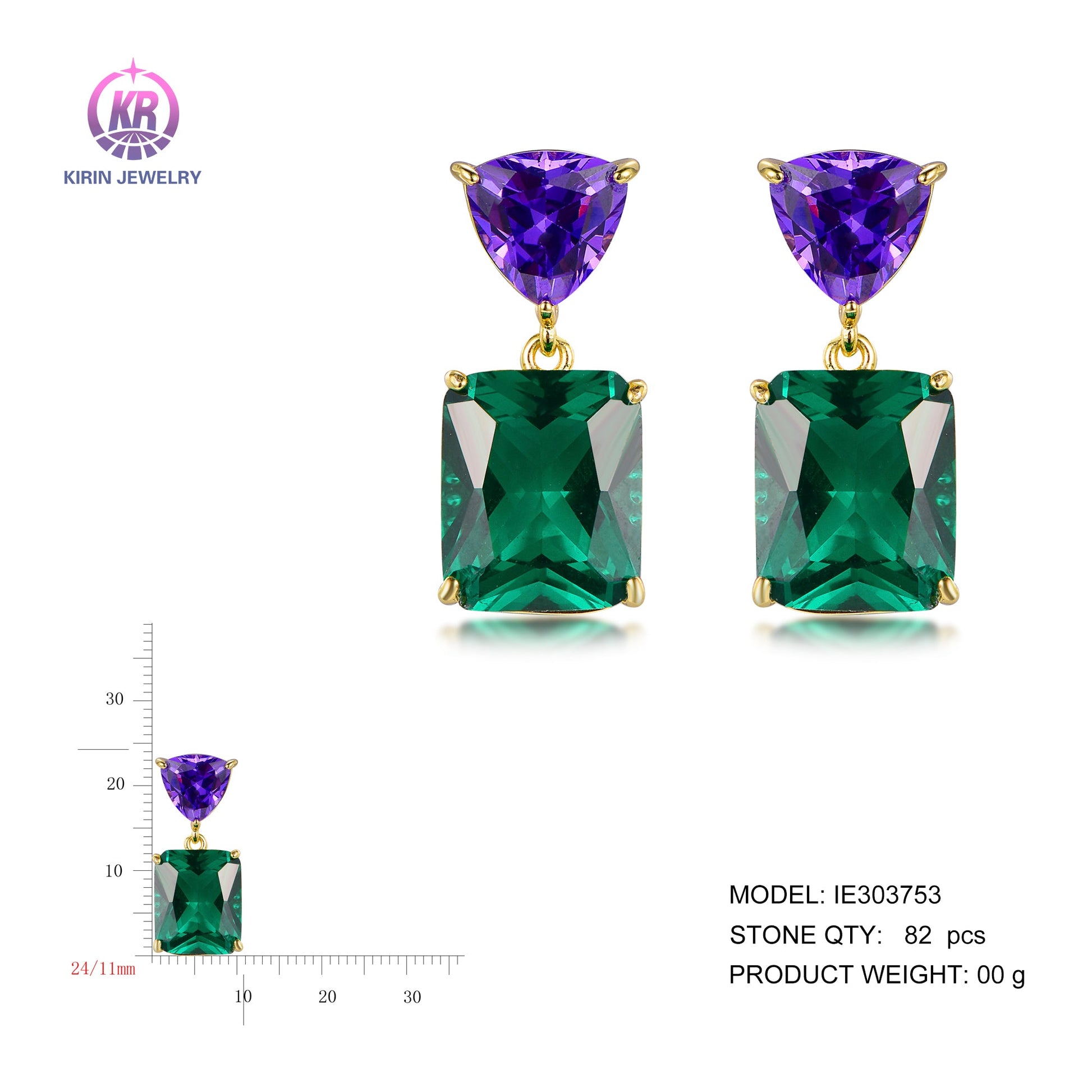 925 silver earring with 14K gold plating emerald purple CZ 303753 Kirin Jewelry