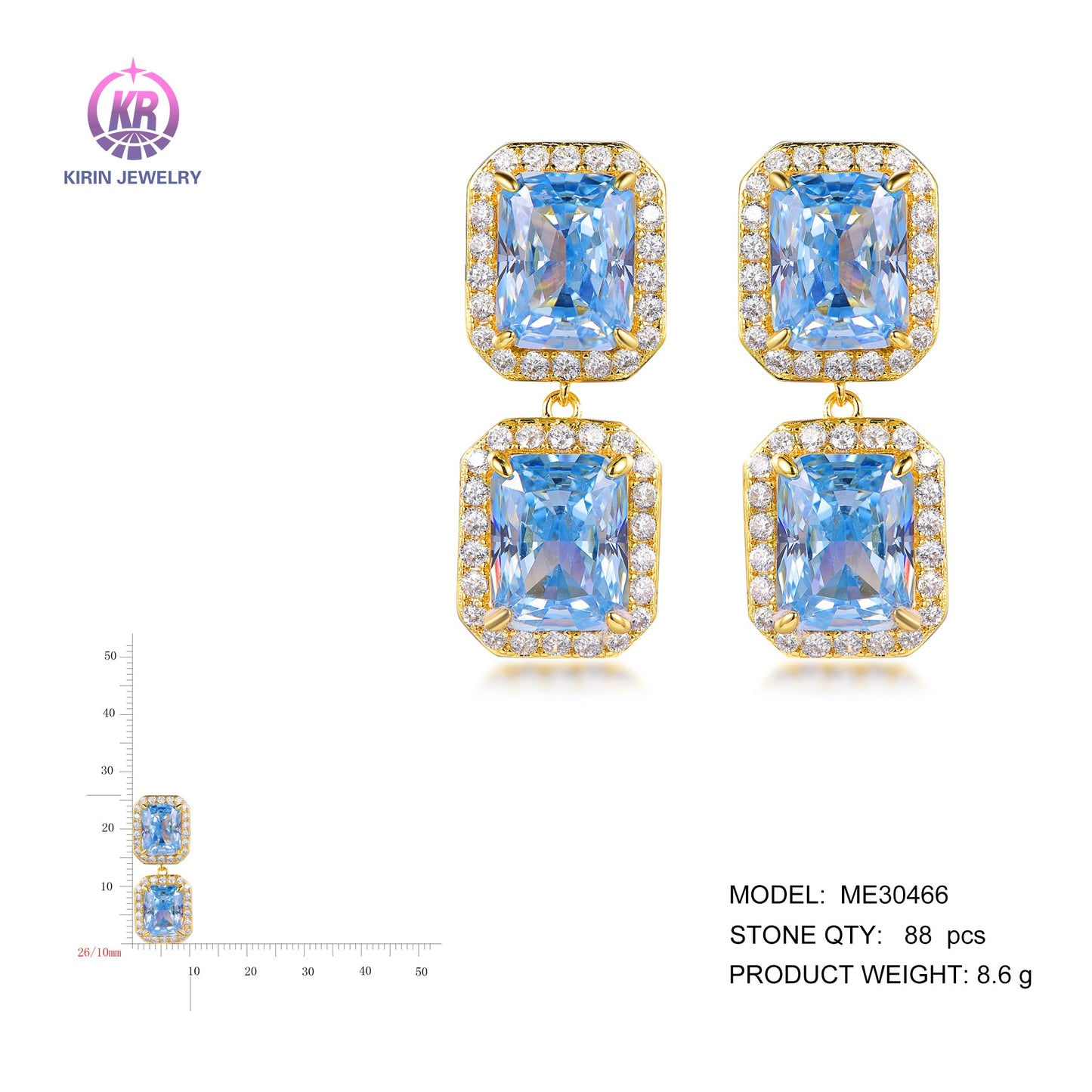 925 silver earring with 14K gold plating light blue CZ 30466 Kirin Jewelry