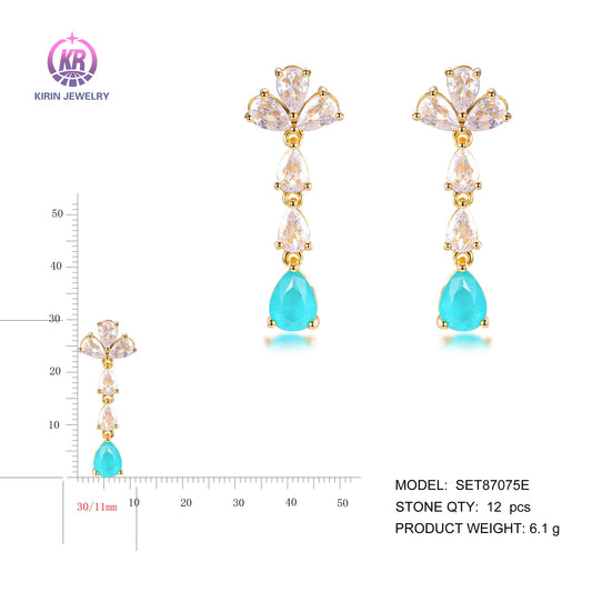 925 silver earring with 14K gold plating light blue CZ 87075 Kirin Jewelry