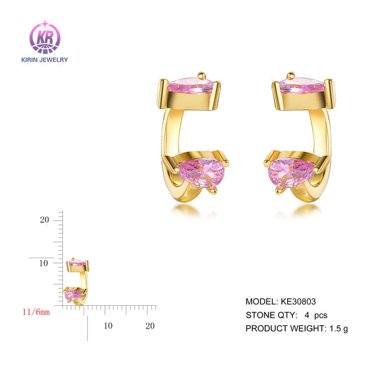 925 silver earring with 14K gold plating pink CZ 30803 Kirin Jewelry