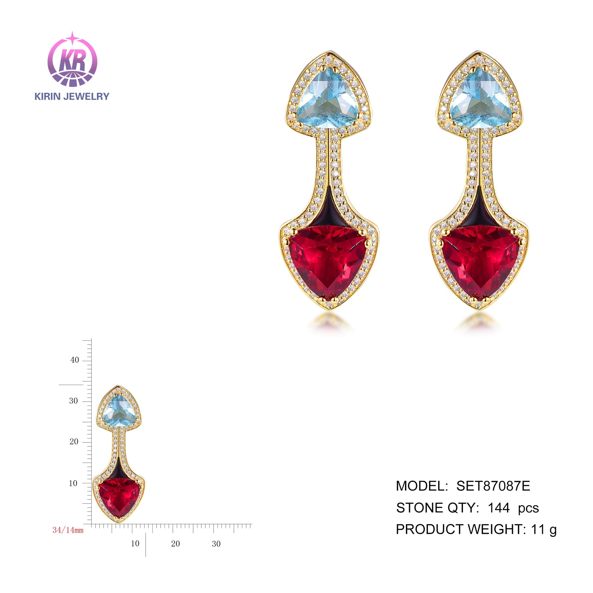 925 silver earring with 14K gold plating ruby CZ 87087 Kirin Jewelry