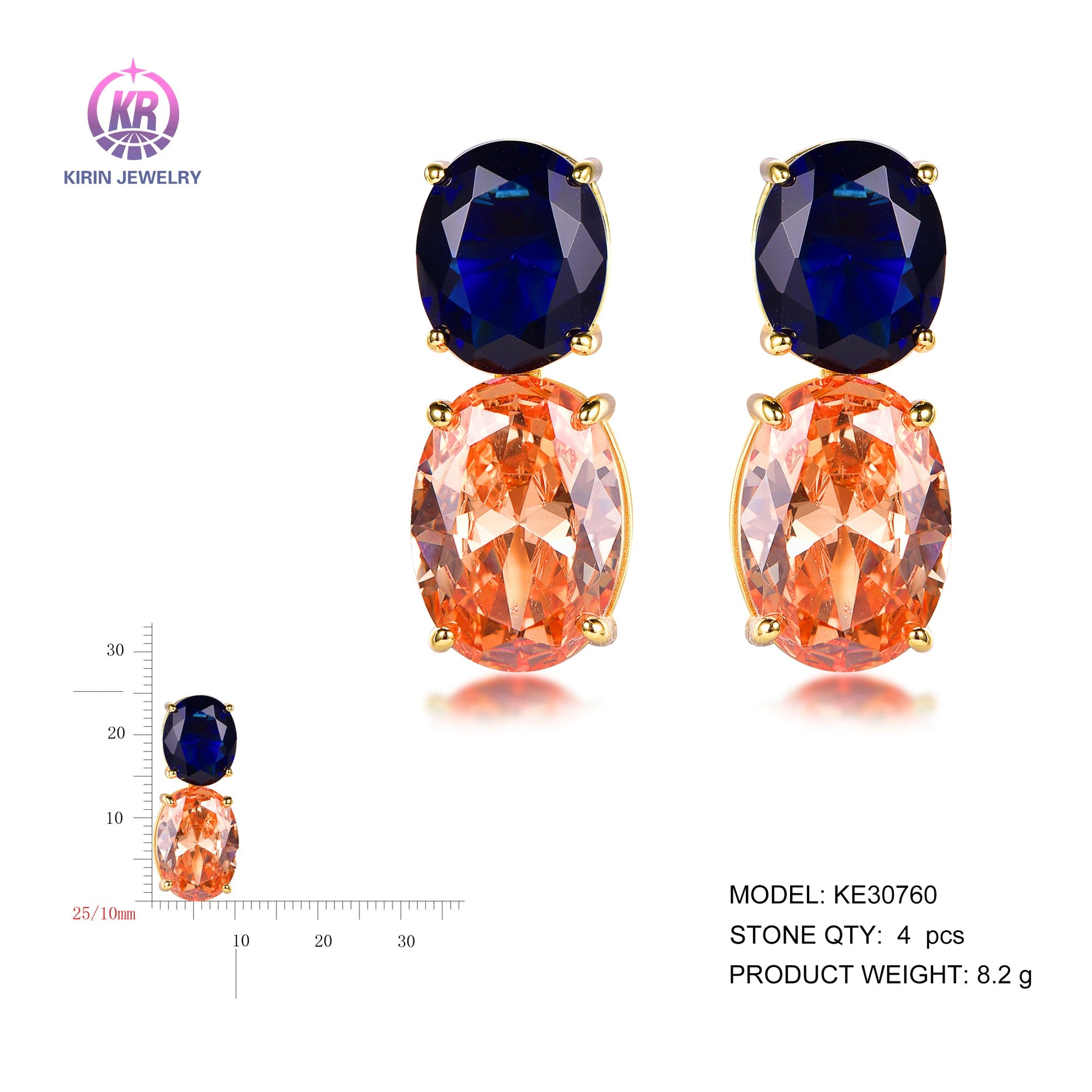 925 silver earring with 14K gold plating sapphire CZ 30760 Kirin Jewelry