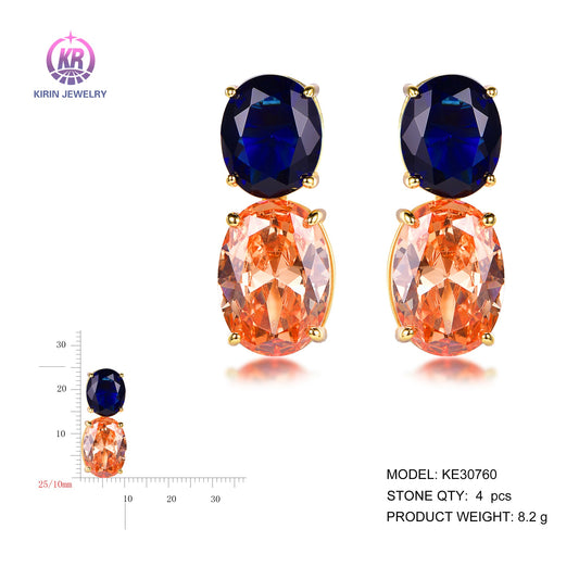 925 silver earring with 14K gold plating sapphire CZ 30760 Kirin Jewelry