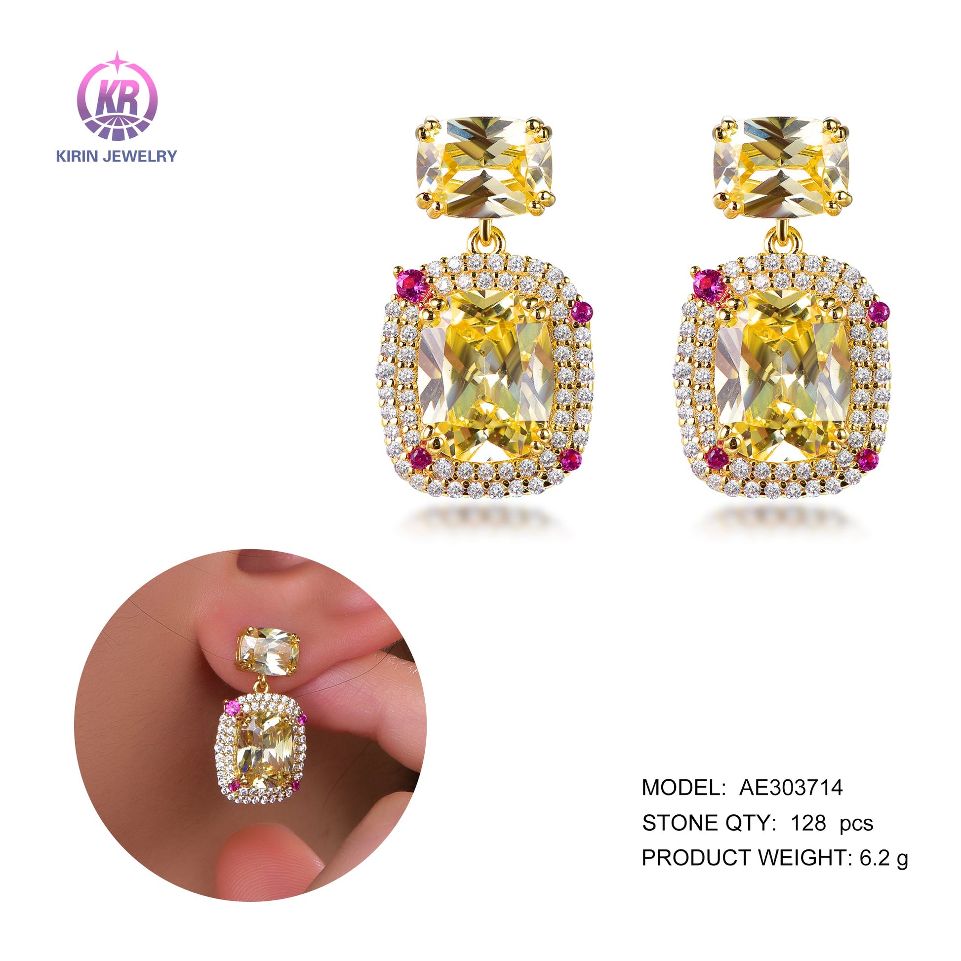 925 silver earring with 14K gold plating yellow CZ 303714 Kirin Jewelry