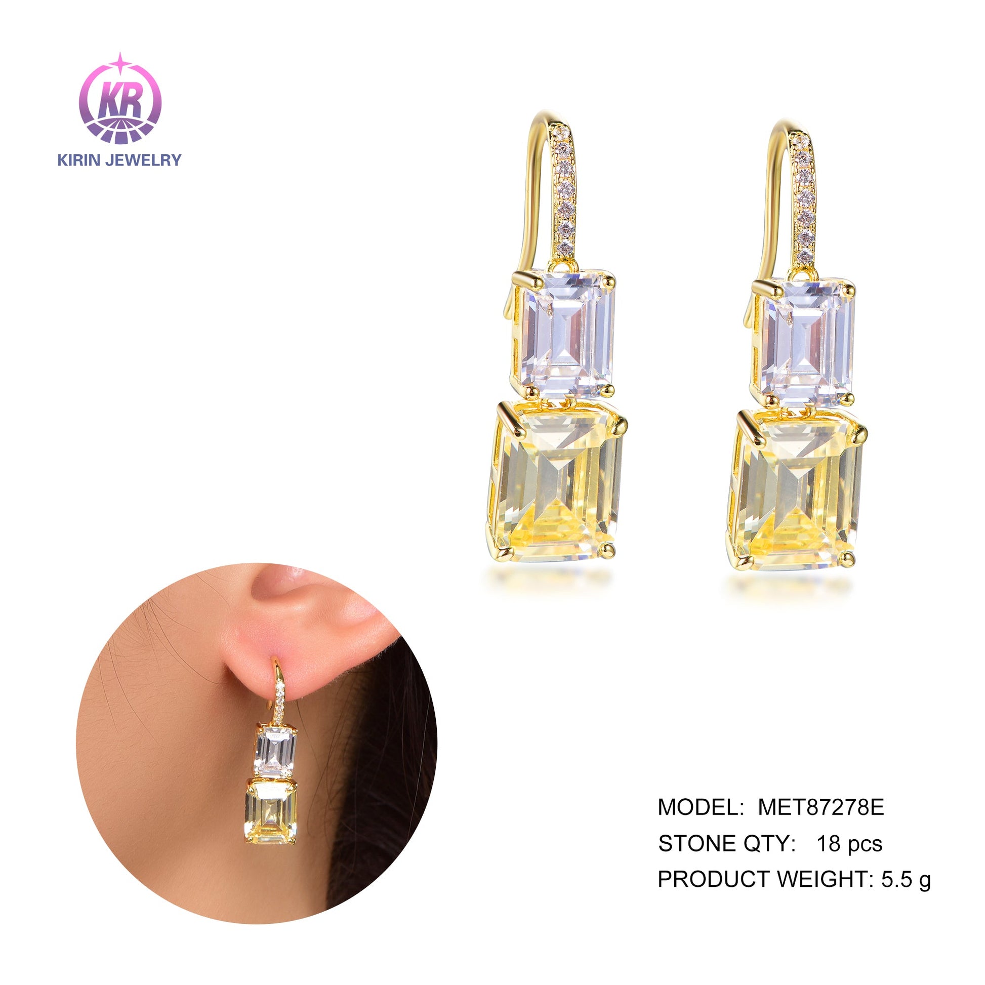 925 silver earring with 14K gold plating yellow CZ 87278 Kirin Jewelry