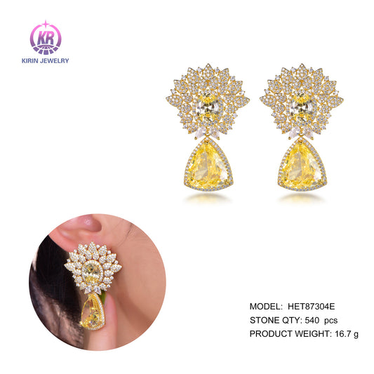 925 silver earring with 14K gold plating yellow CZ 87304 Kirin Jewelry