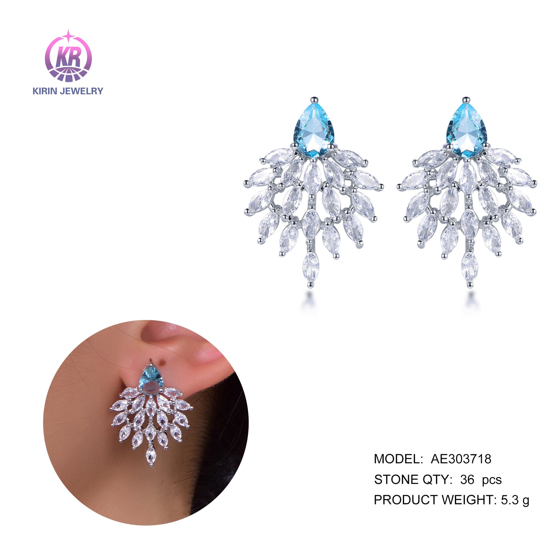 925 silver earring with rhodium plating CZ 303718 Kirin Jewelry