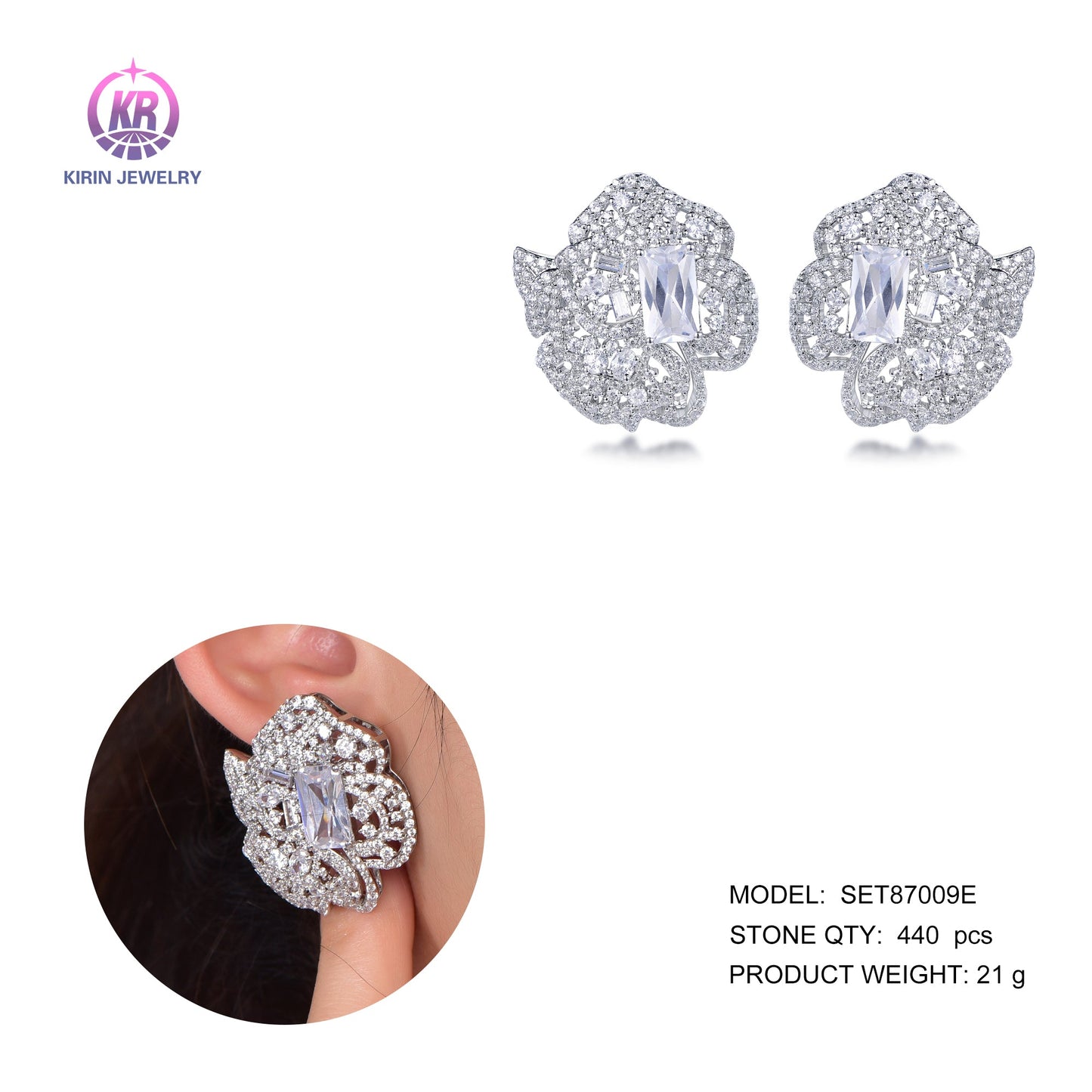 925 silver earring with rhodium plating CZ 87009 Kirin Jewelry