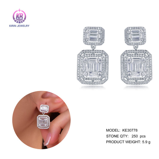 925 silver earring with rhodium plating baguette CZ 30778 Kirin Jewelry