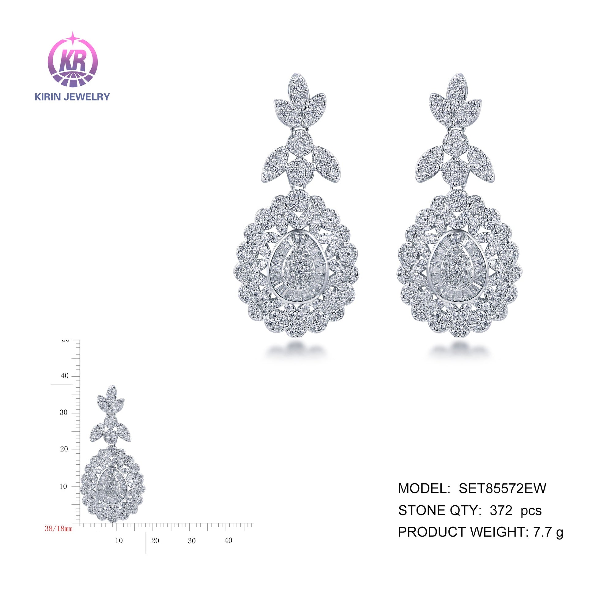 925 silver earring with rhodium plating baguette CZ 85572 Kirin Jewelry