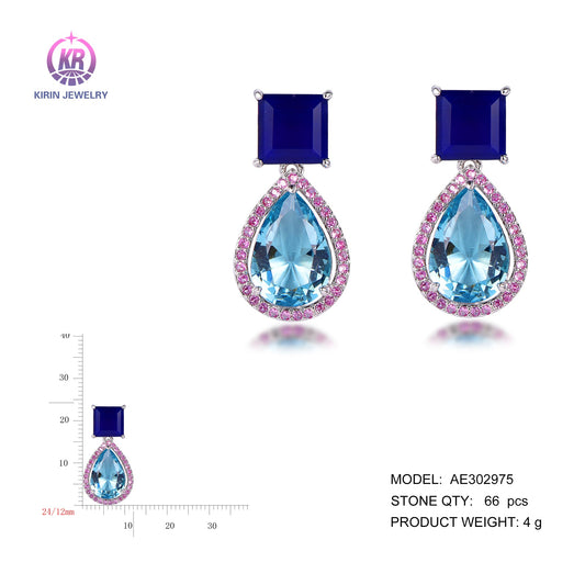 925 silver earring with rhodium plating sapphire coler CZ 302975 Kirin Jewelry