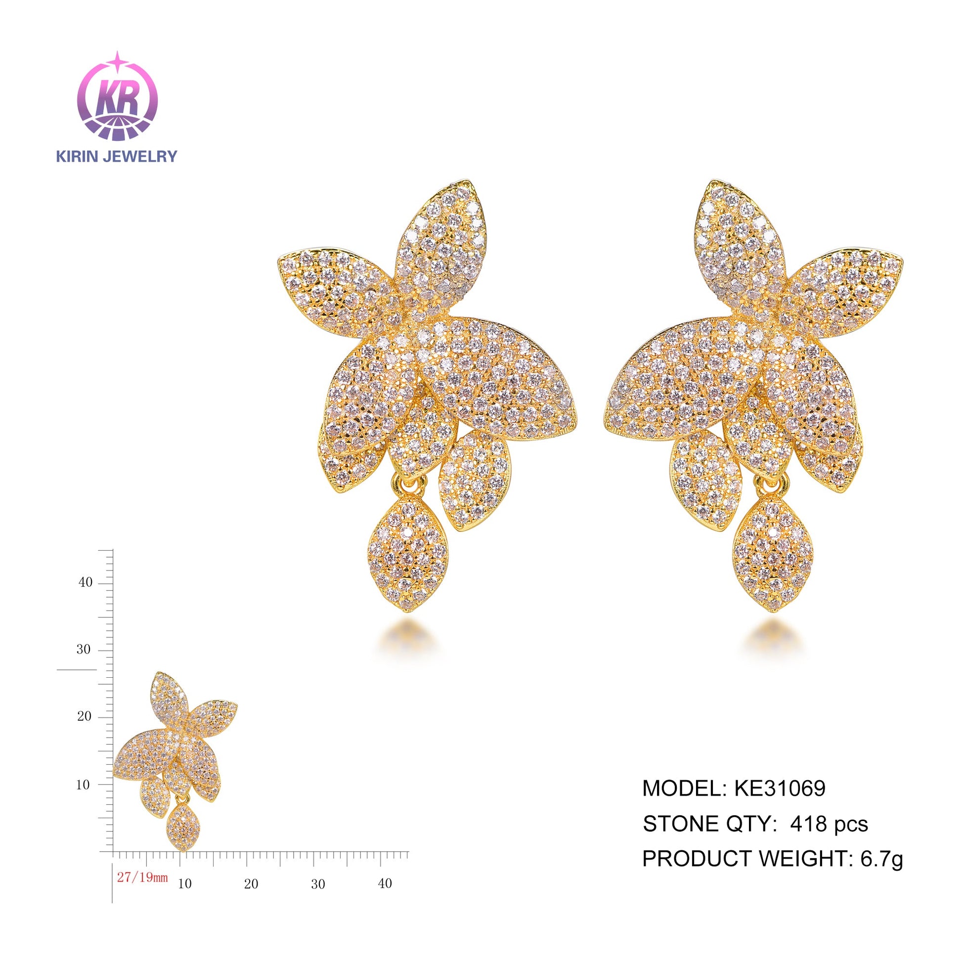 925 silver earrings with 14K gold plating CZ KE31069 Kirin Jewelry