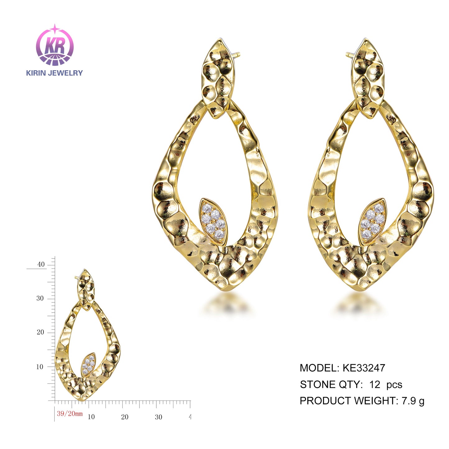 925 silver earrings with 14K gold plating CZ KE33247 Kirin Jewelry