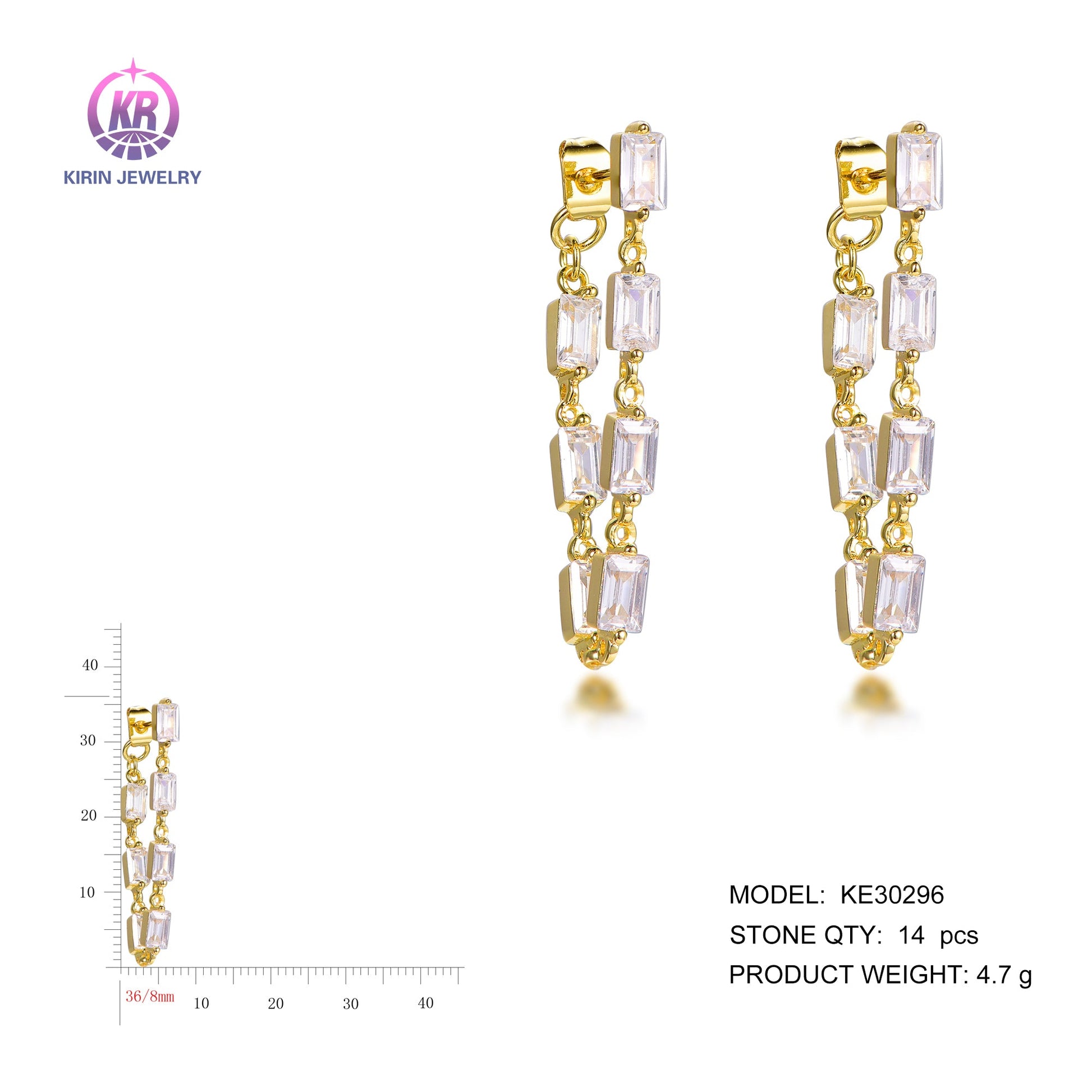 925 silver earrings with 14K gold plating baguette CZ KE30296 Kirin Jewelry