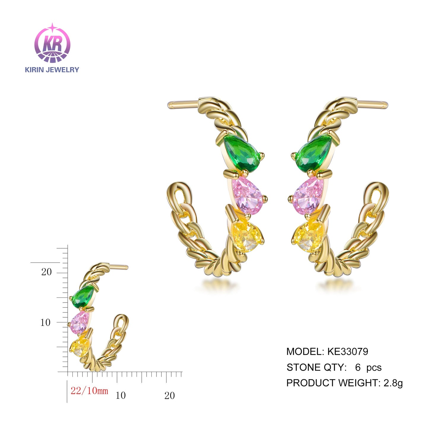 925 silver earrings with 14K gold plating color CZ KE33079 Kirin Jewelry