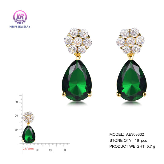 925 silver earrings with 14K gold plating emerald CZ AE303332 Kirin Jewelry