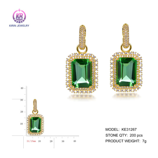 925 silver earrings with 14K gold plating emerald CZ KE31267 Kirin Jewelry