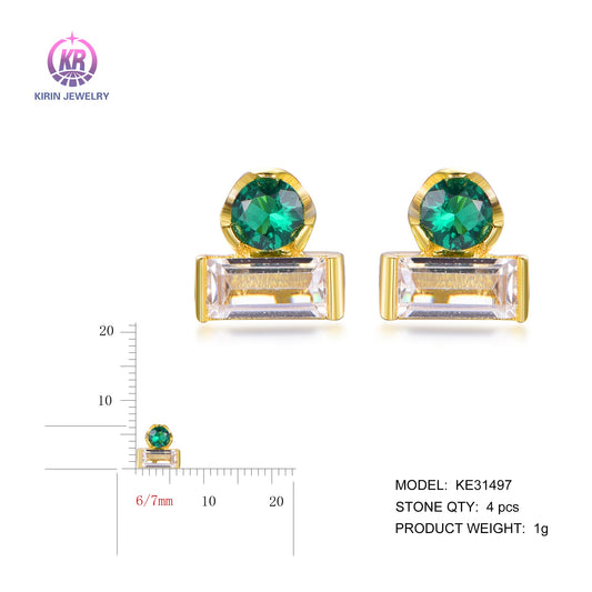 925 silver earrings with 14K gold plating emerald CZ KE31497 Kirin Jewelry