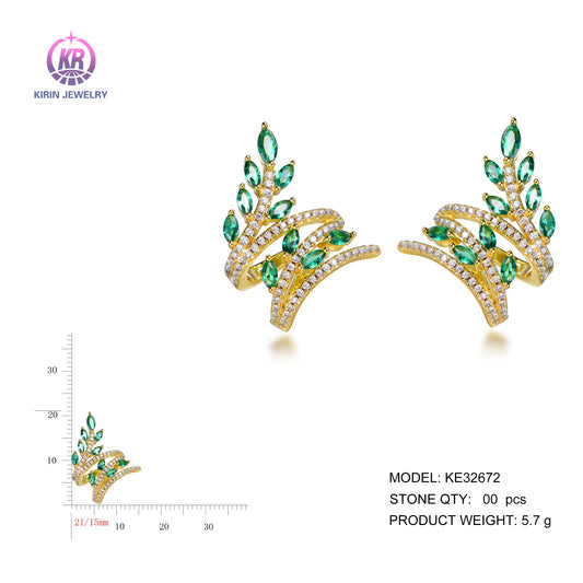 925 silver earrings with 14K gold plating emerald CZ KE32672 Kirin Jewelry