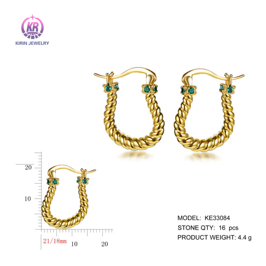 925 silver earrings with 14K gold plating emerald CZ KE33084 Kirin Jewelry