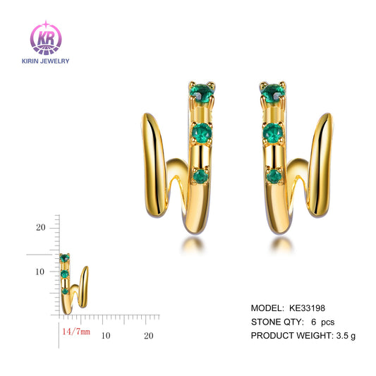 925 silver earrings with 14K gold plating emerald CZ KE33198 Kirin Jewelry